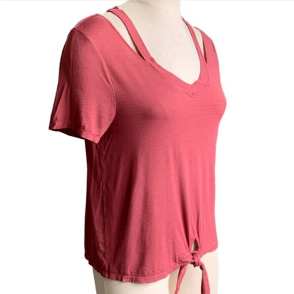 Takara S Rose Pink Tie Waist Cutout Neck Short Sleeve Tee Top 39F - Picture 2 of 9